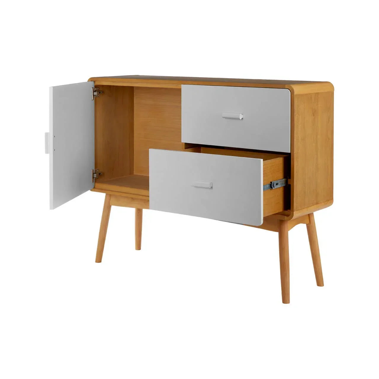 Modern wooden sideboard with white drawers and open cabinet on angled legs