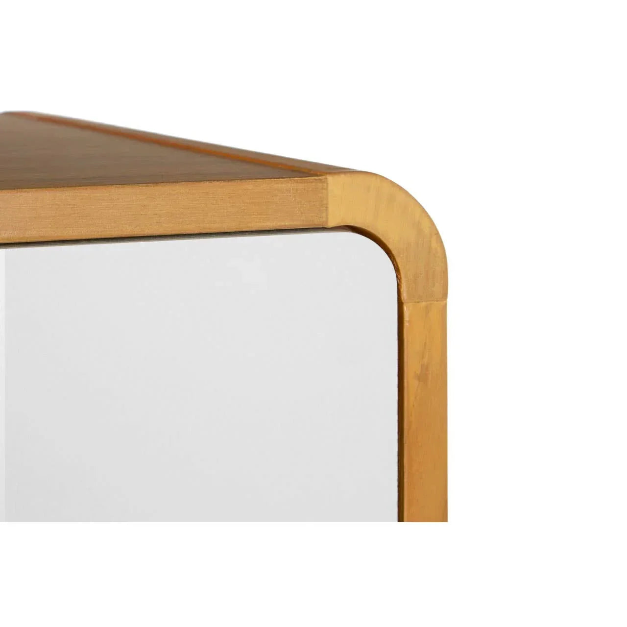 Closeup of wooden furniture corner with rounded edge and white panel