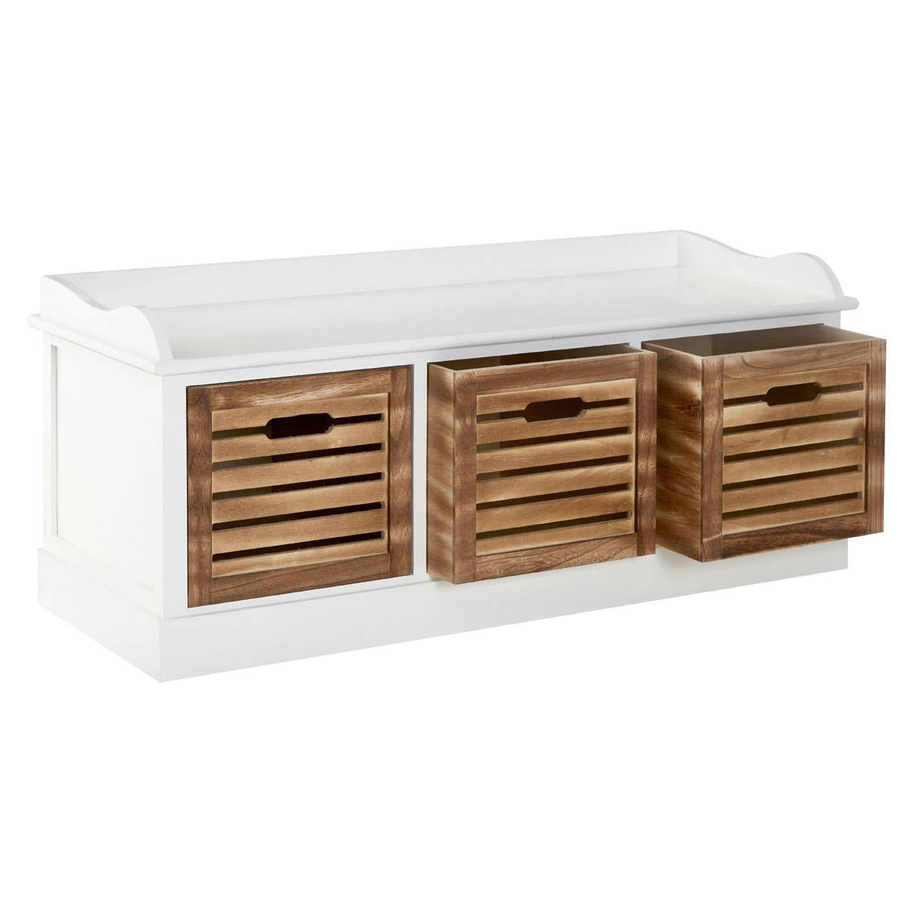 A white drawer chest featuring three natural wood drawers with horizontal slats, providing a stylish storage solution. The chest has a smooth top surface and a simple, modern design suitable for various home decor styles