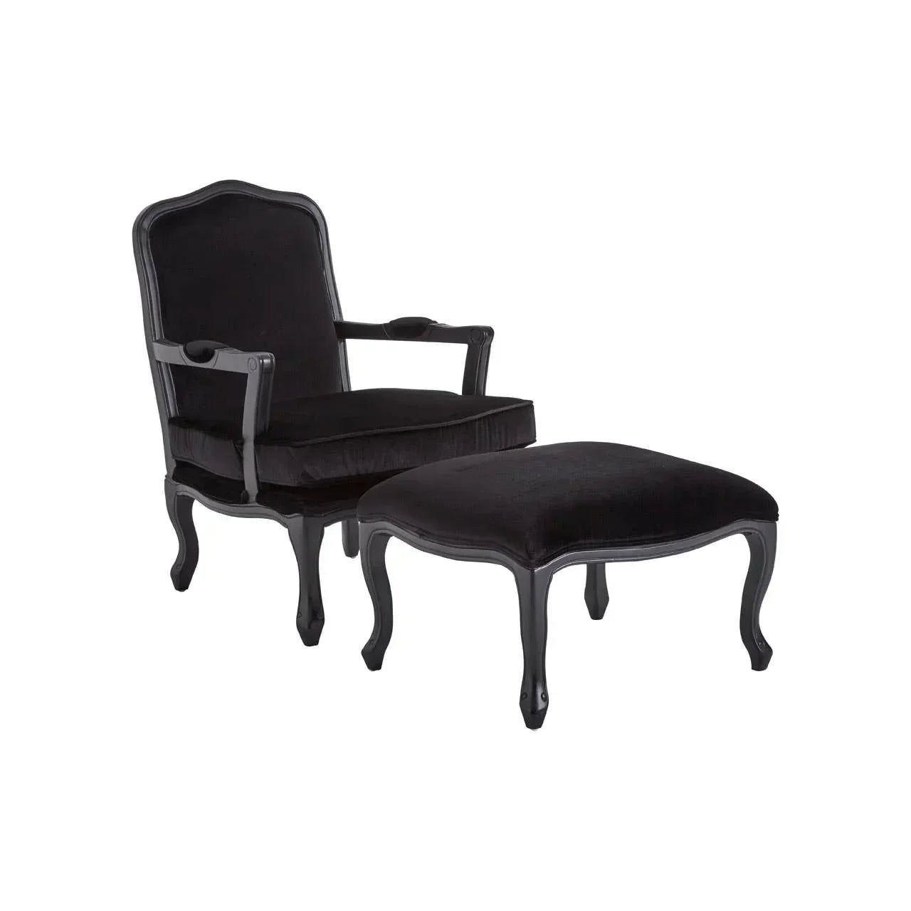 Black velvet armchair with matching footstool, curved legs and wooden frame