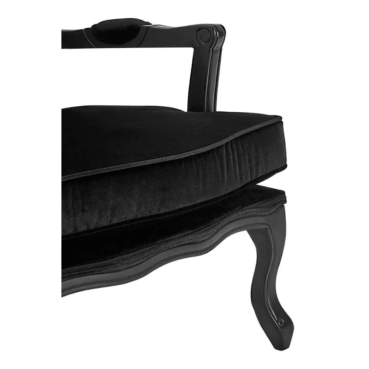 Black velvet armchair with carved wooden leg and plush seat cushion, close-up view