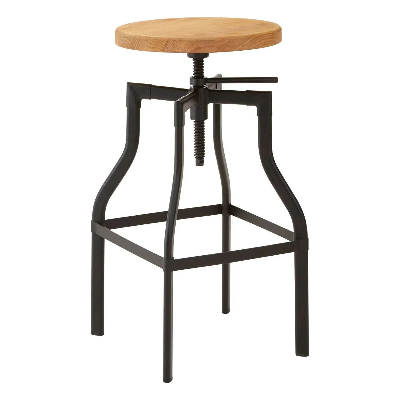 Industrial bar stool with round wooden seat and black metal frame