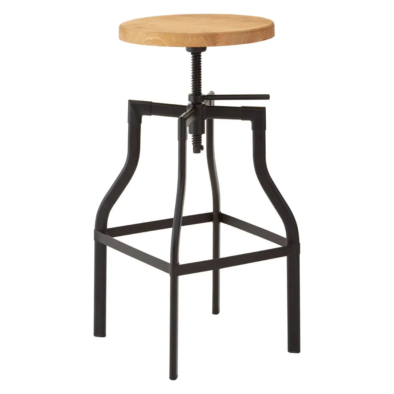 Industrial bar stool with round wooden seat and black metal adjustable frame