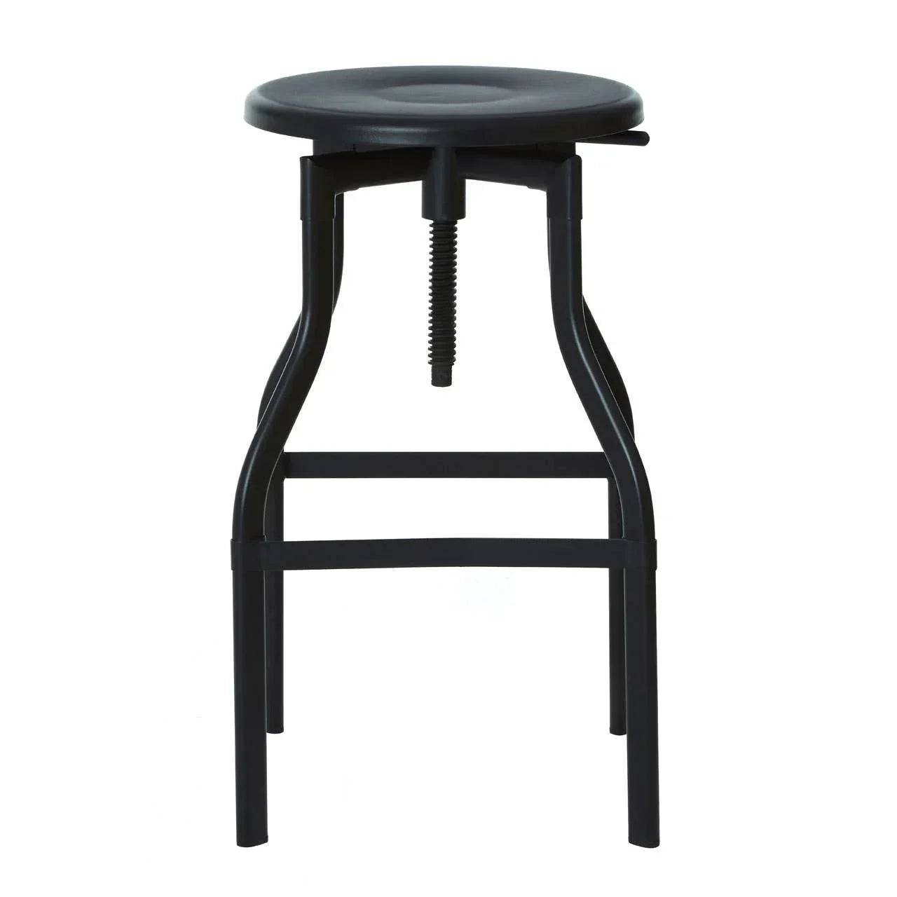 Black metal adjustable bar stool with round seat and screw lift mechanism, front view