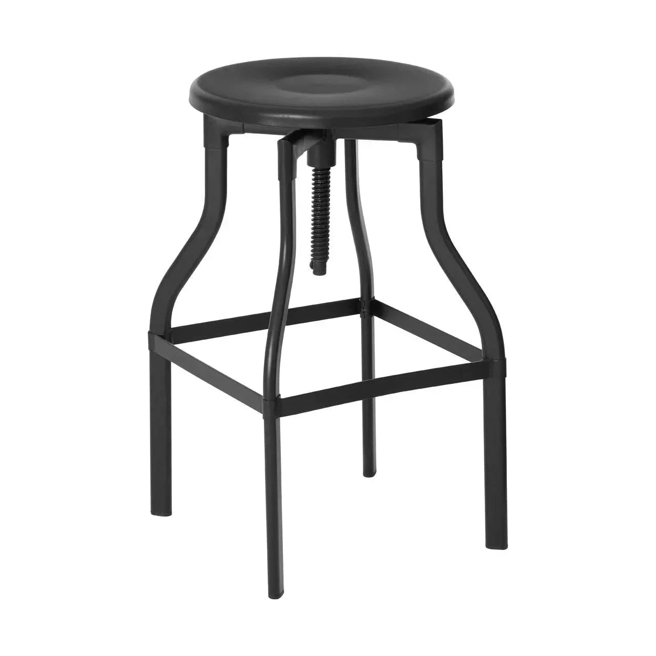 Black metal bar stool with round adjustable seat and square base