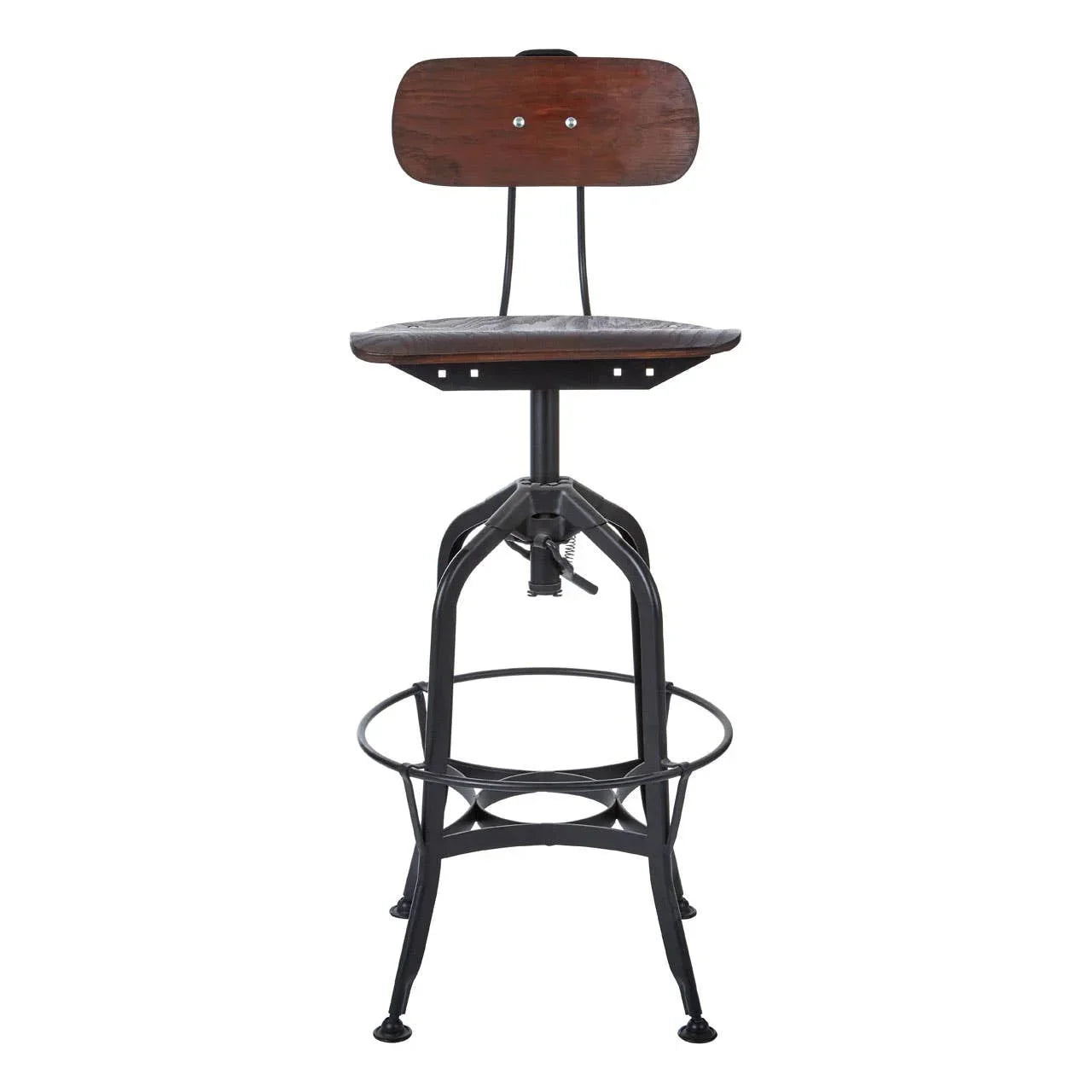 Industrial bar stool with dark wood seat and backrest on black metal frame
