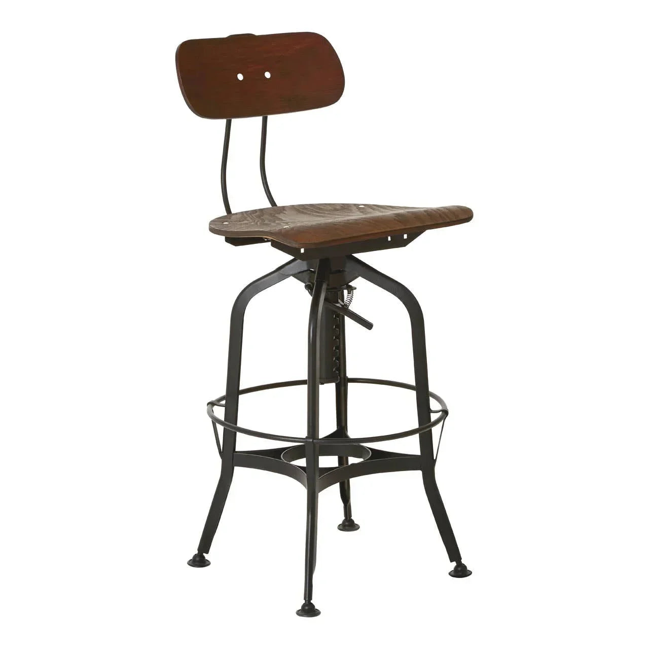 Industrial bar stool with dark wooden seat, metal frame, and backrest