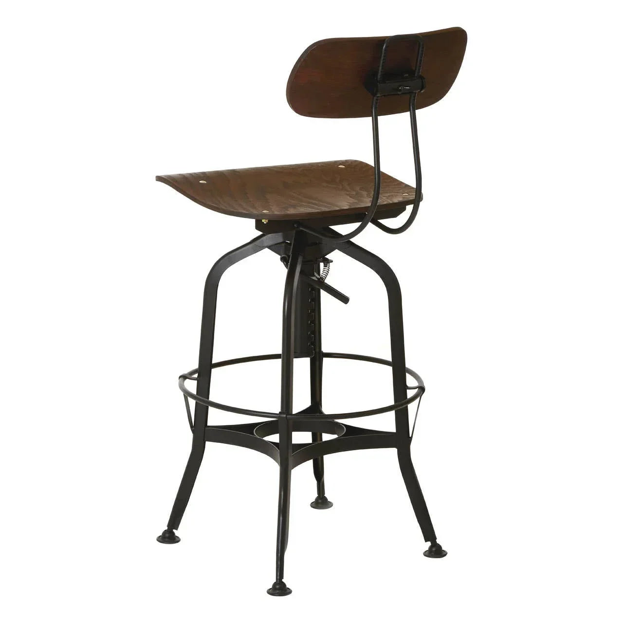 Industrial bar stool with dark wood seat, metal frame, and footrest, rear angled view