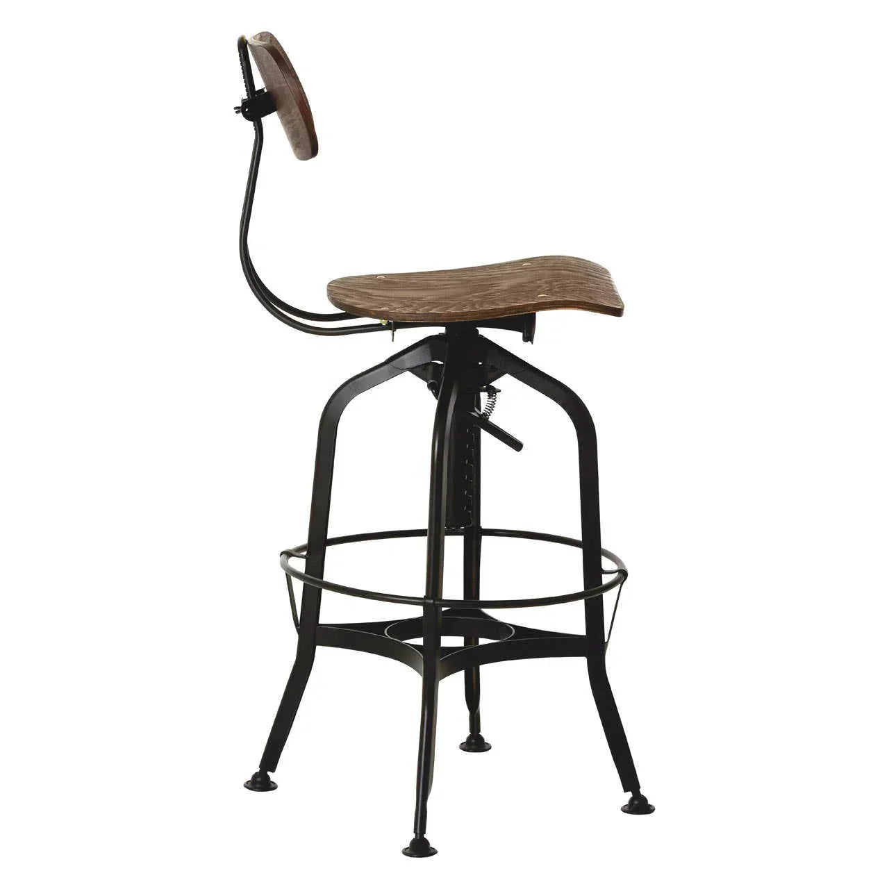 Industrial bar stool with wooden seat, black metal legs and footrest, side angle view