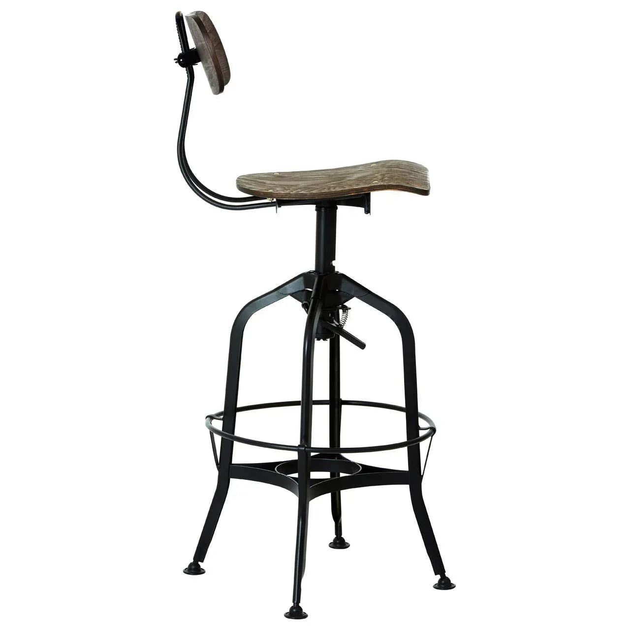 Industrial bar stool with wood seat, curved metal frame and footrest, side profile view