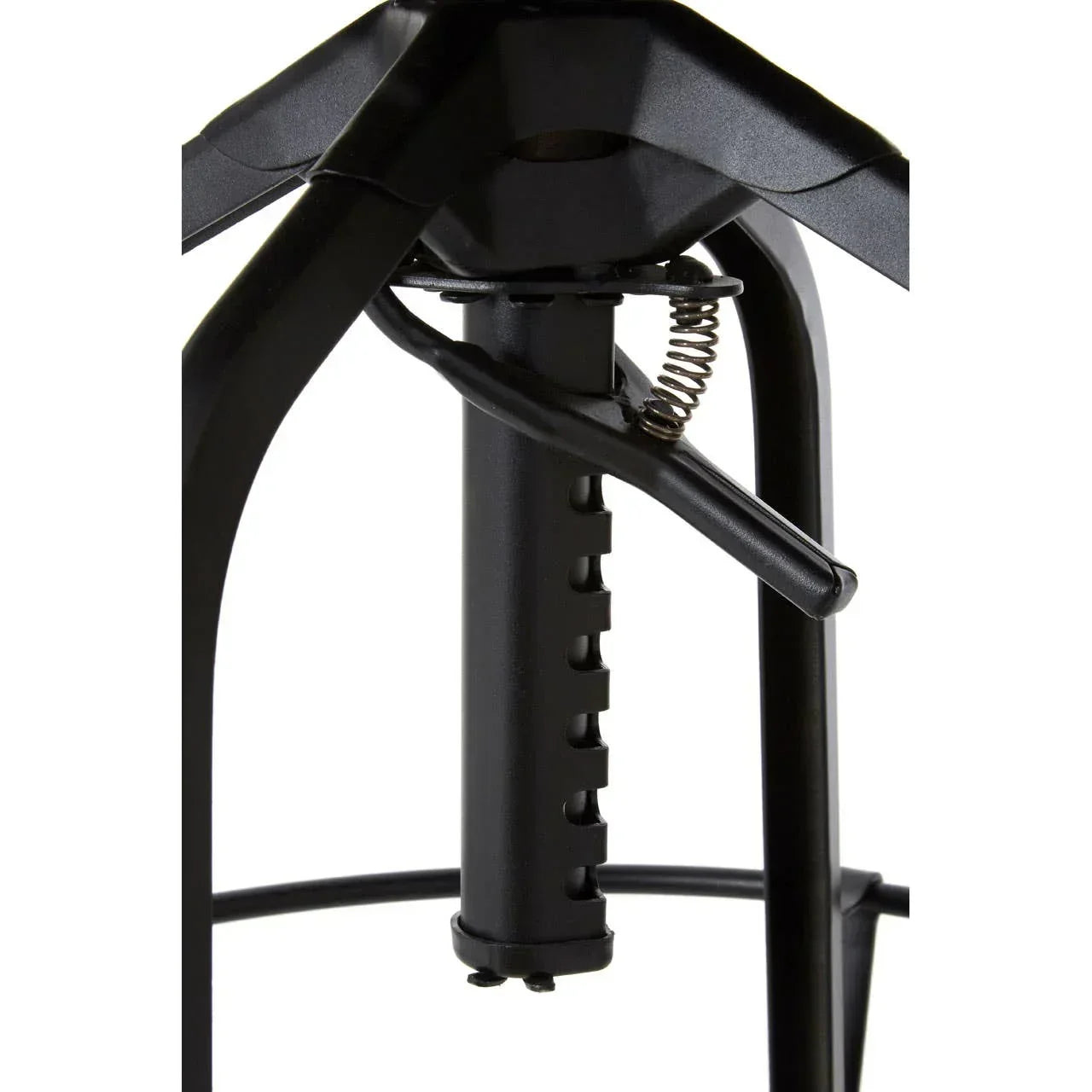 Black metal adjustable bar stool base with visible spring lever mechanism