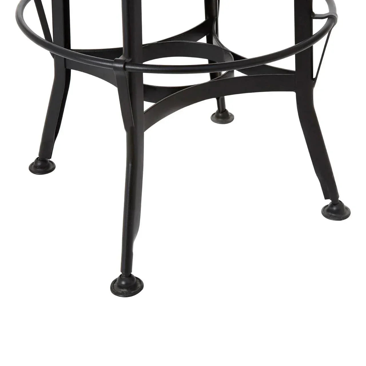 Black metal bar stool legs with round footrest ring on white background