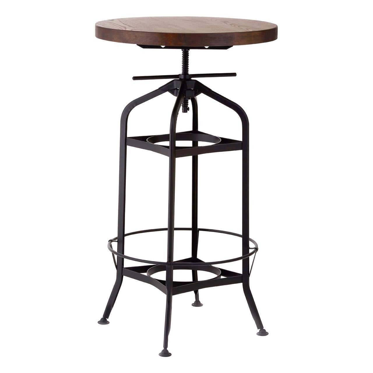 A round walnut wood bar table with a black metal base featuring a circular footrest and an adjustable height mechanism. The design includes a crossbar for stability and four slender legs