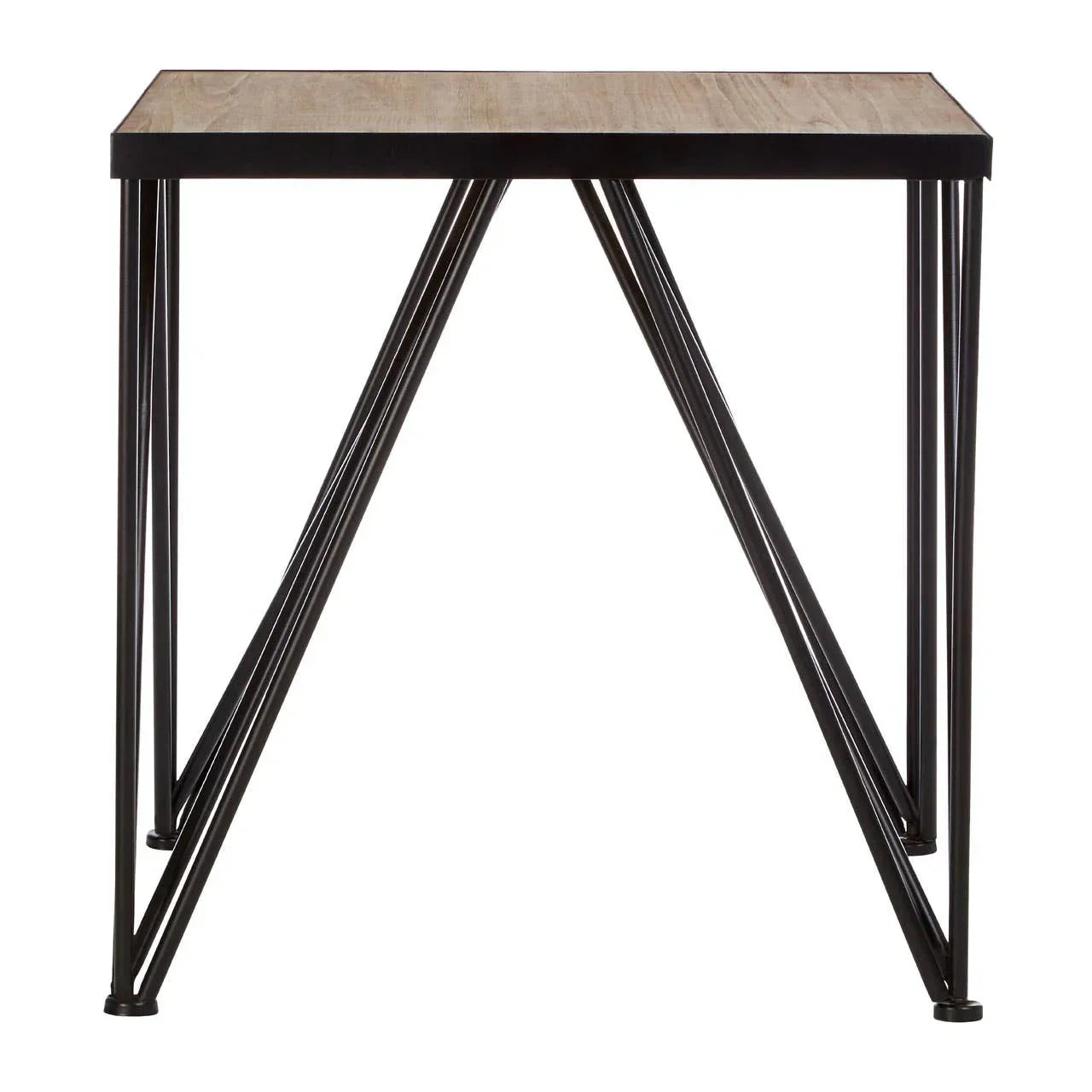 Industrial side table with black metal legs and light wood top, front view