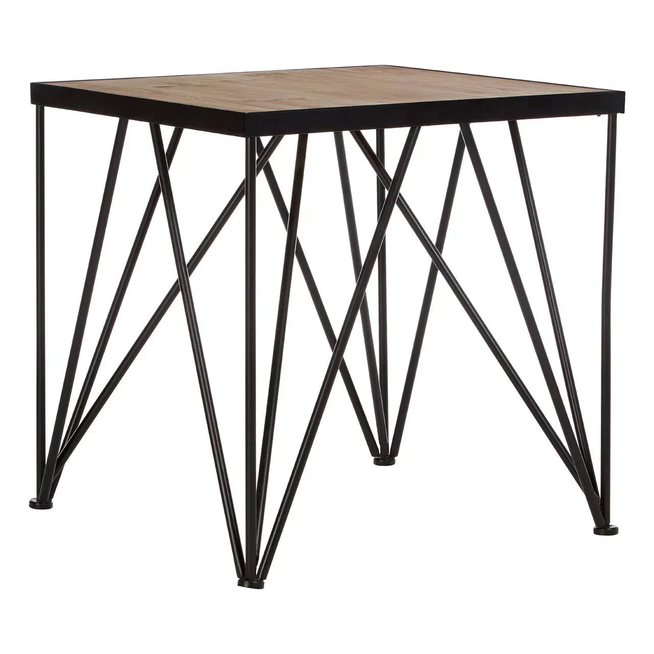 Square dining table with black metal base and light wood top, geometric modern design