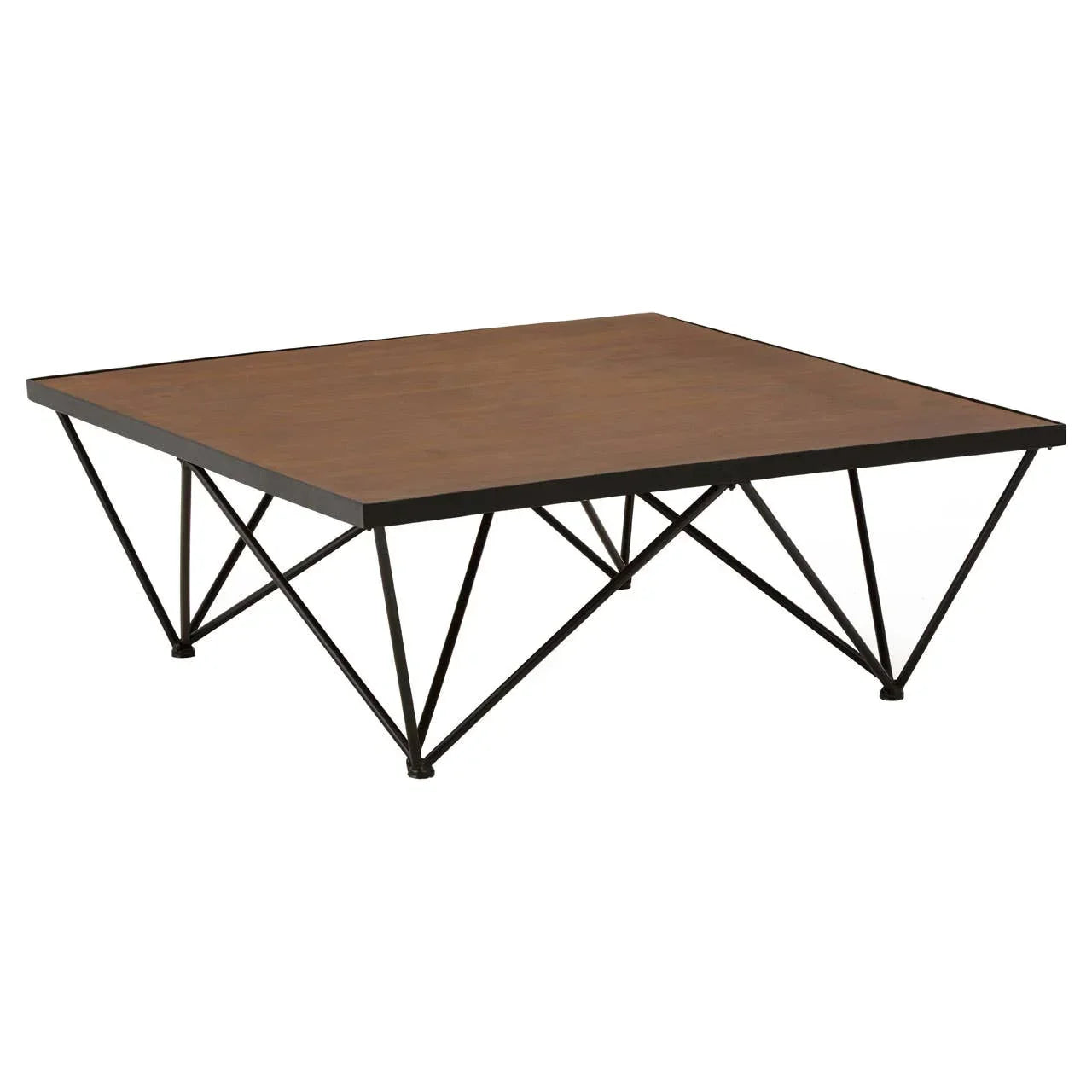 Square coffee table with wooden top and black metal geometric legs
