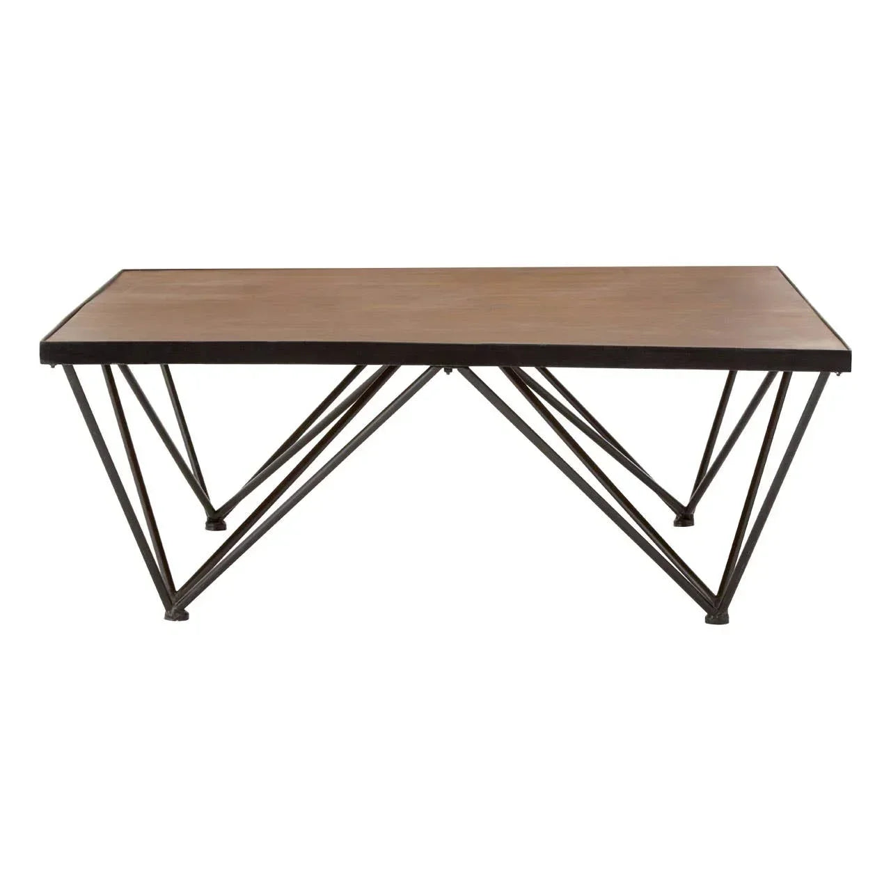 Rectangular wooden dining table with black geometric metal frame and legs, front view