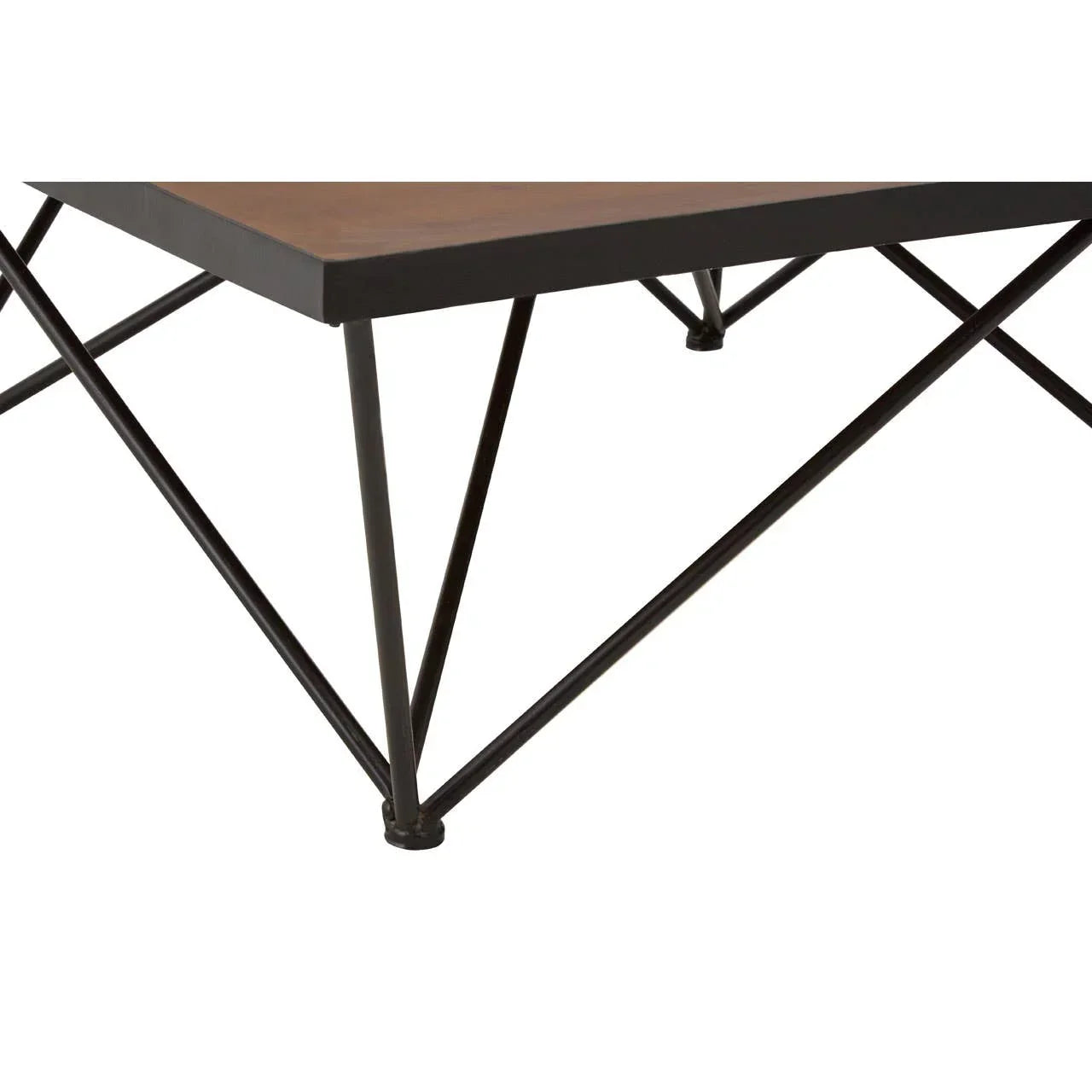 Wood coffee table with black metal legs in geometric design, close view of frame