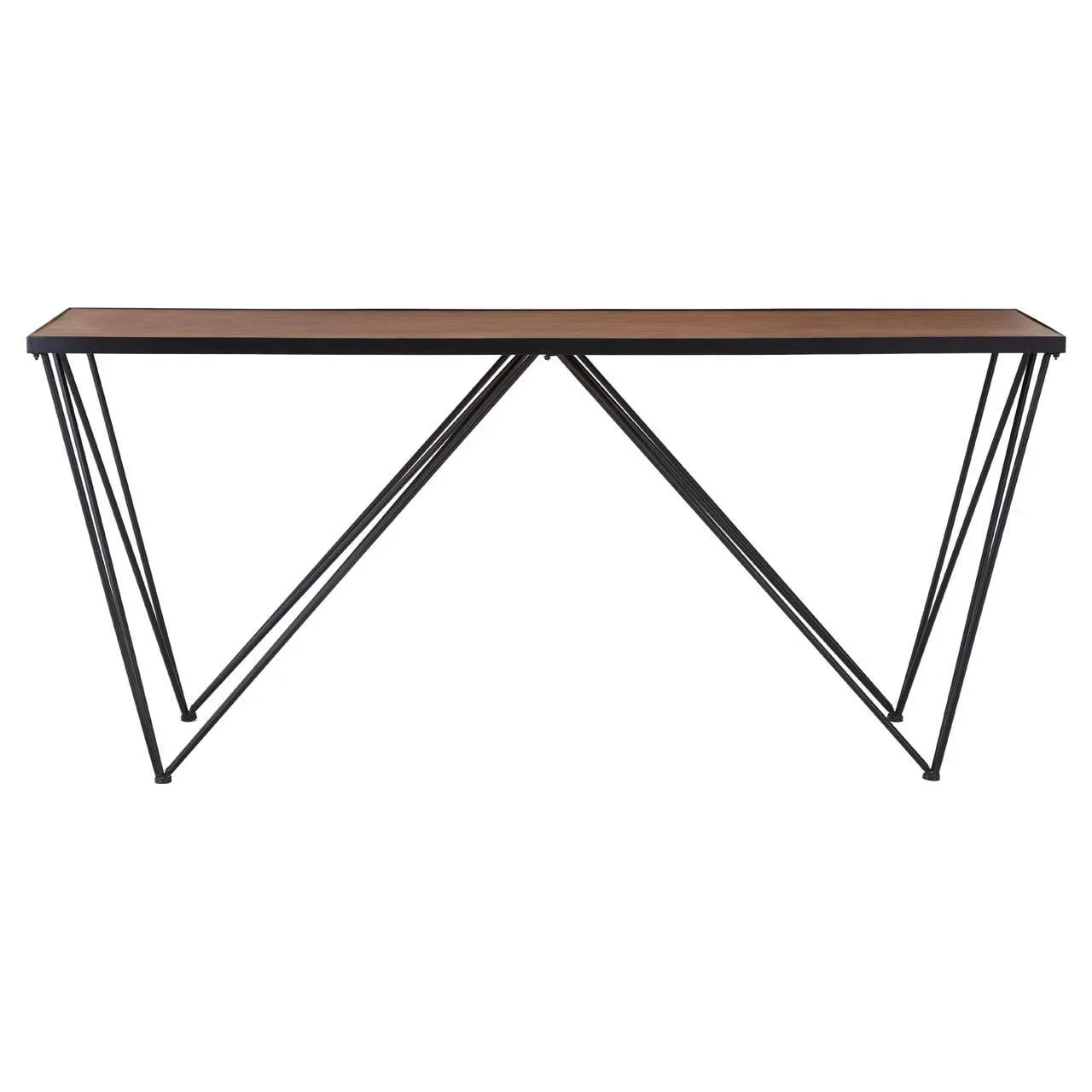 Industrial console table with brown wood top and black metal geometric legs, front view