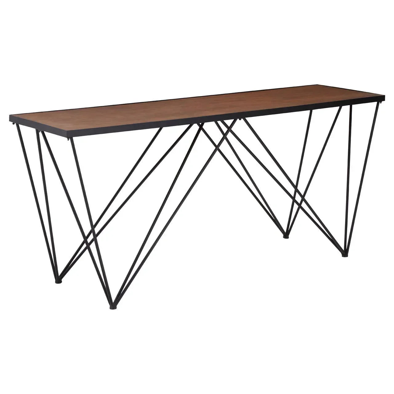 Modern console table with walnut wood top and geometric black metal legs