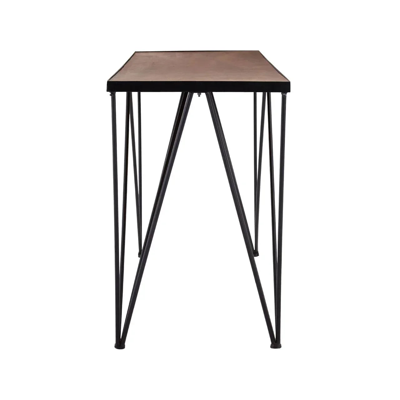Industrial console table with black metal hairpin legs and wooden top, side view