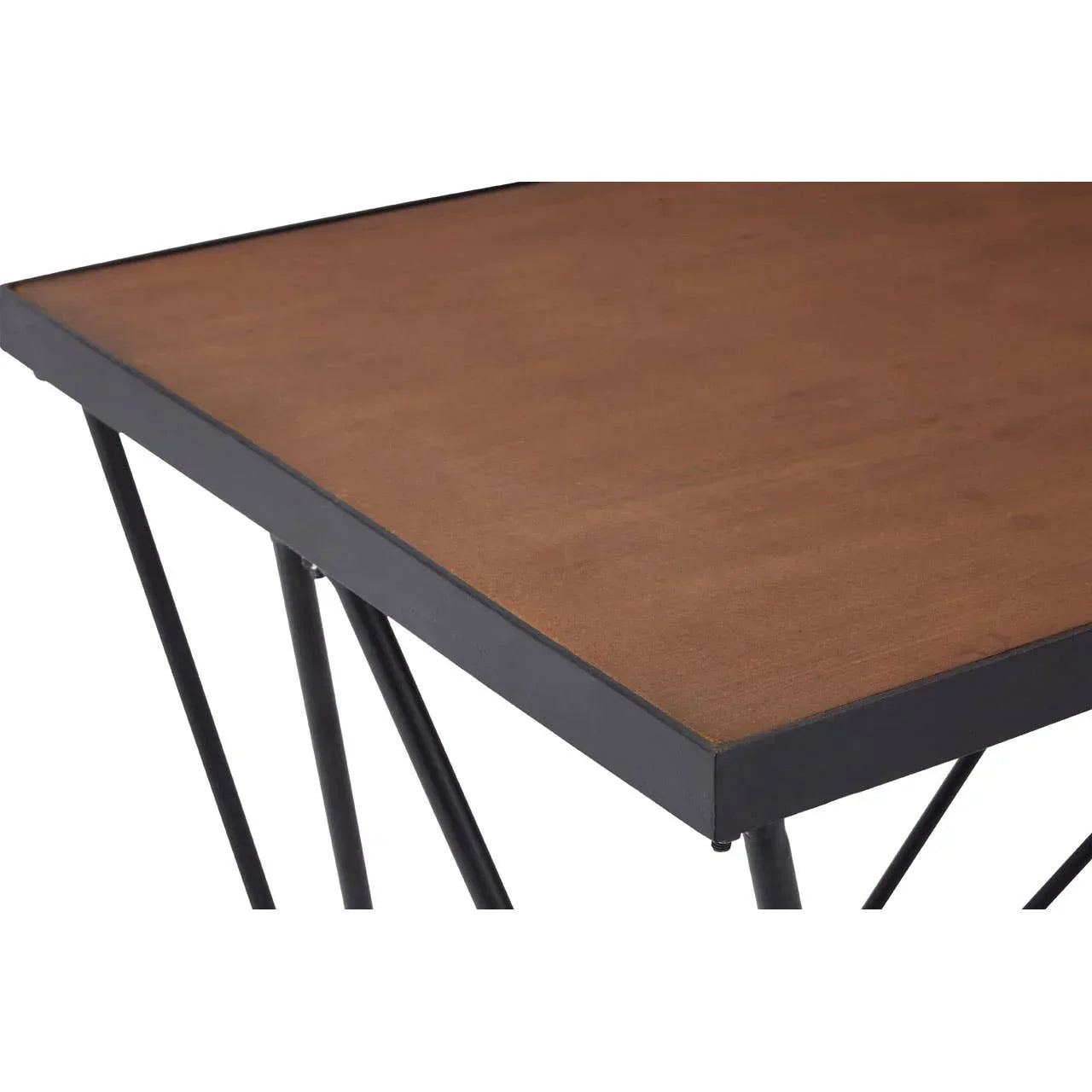 Brown wooden coffee table top with black metal edge and angled legs, close corner view