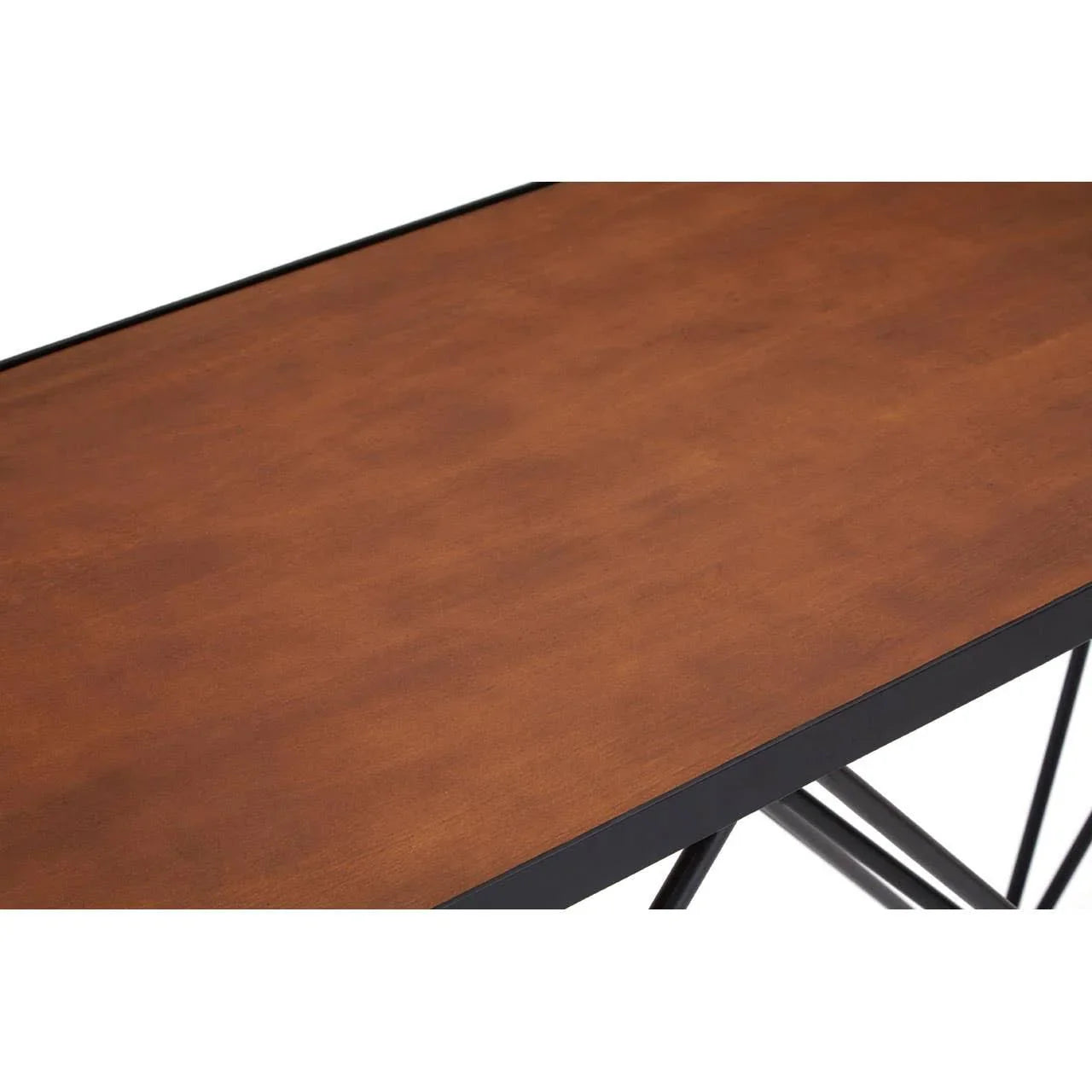 Rectangular wooden dining table top with black metal frame and angled legs