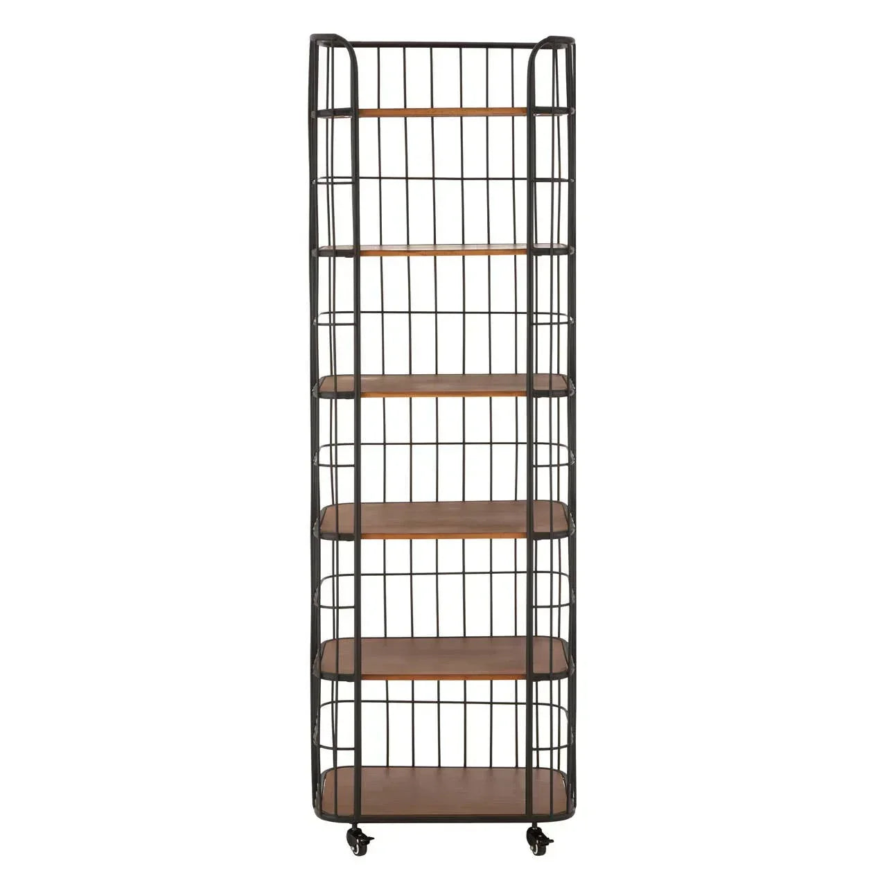 Tall industrial shelving unit with black metal frame, wood shelves and caster wheels
