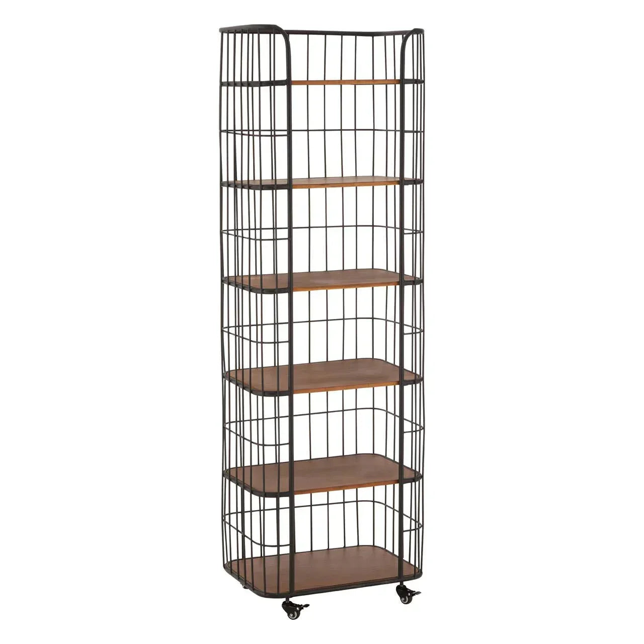 Tall industrial shelving unit with five wooden shelves and black metal frame on castor wheels