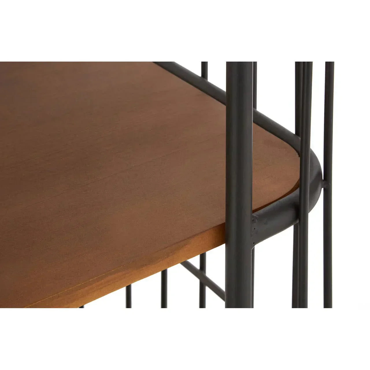 Close view of wooden shelf with black metal frame detail, industrial style furniture
