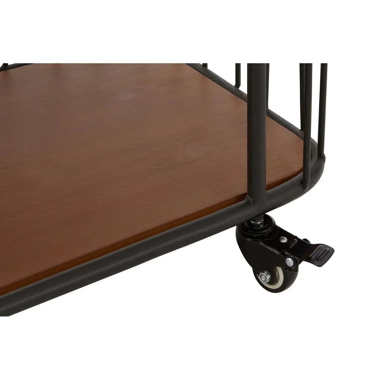 Metal frame furniture caster and wood shelf closeup for industrial storage unit