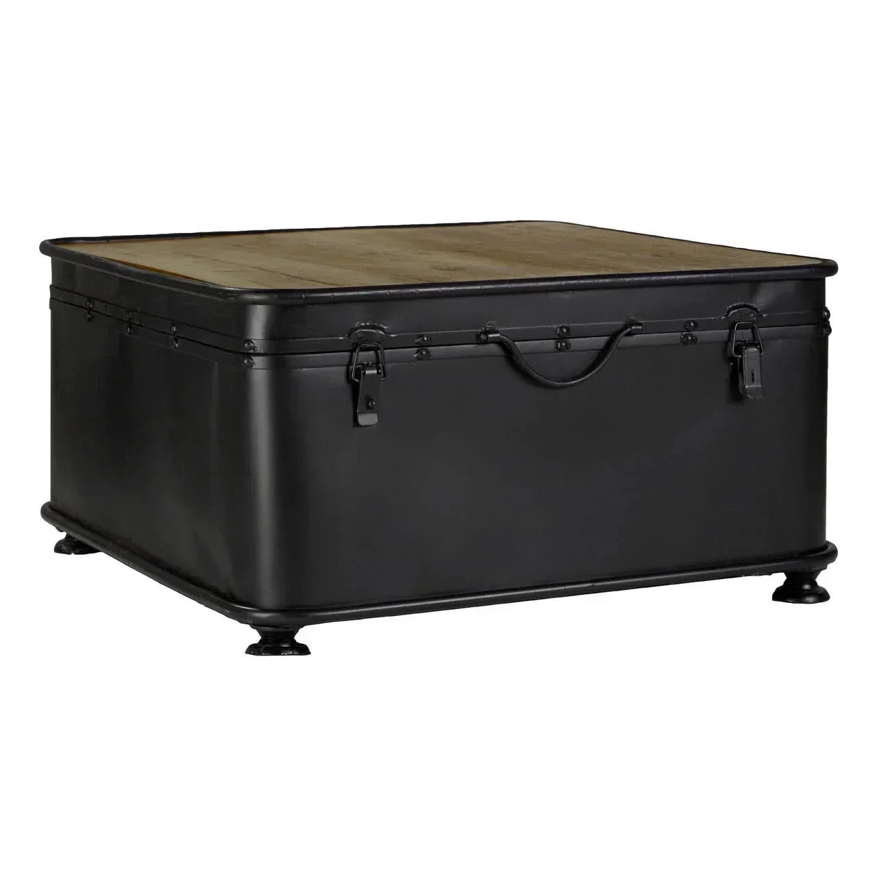 Industrial style coffee table trunk with black metal body and wooden top
