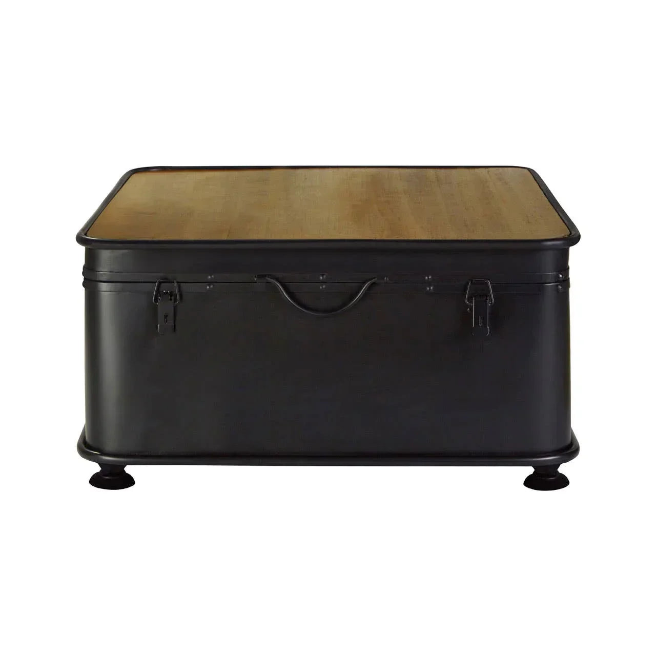 Black metal storage trunk coffee table with wood top and side handles