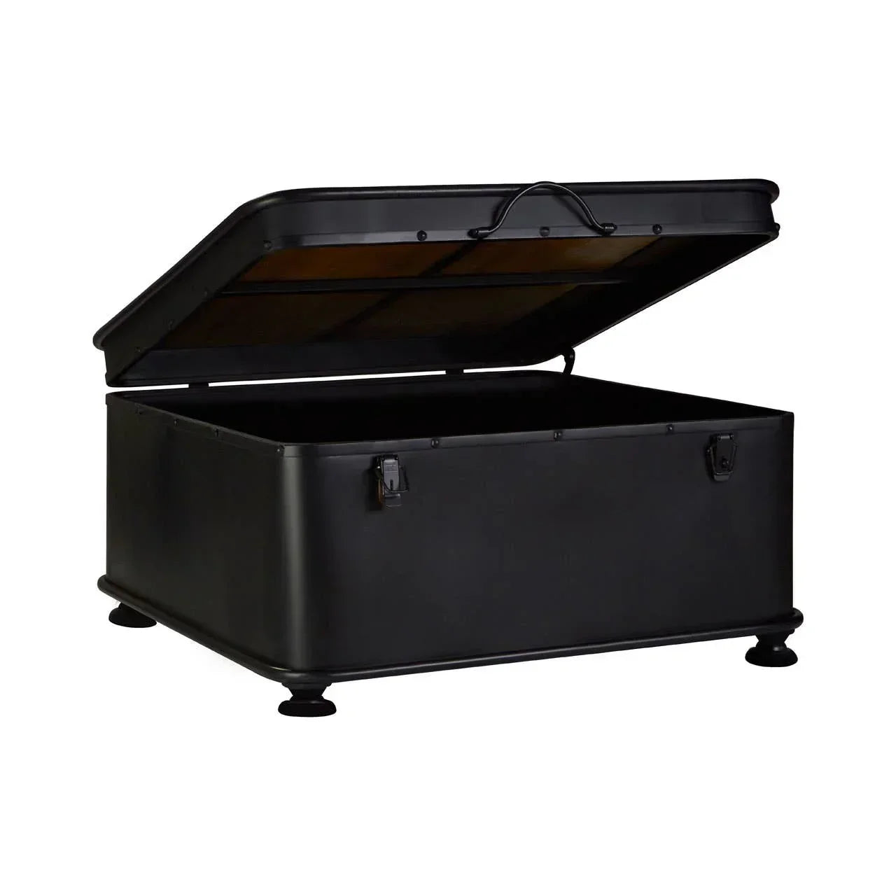 Black metal storage trunk with hinged lid open, shown on short rounded legs