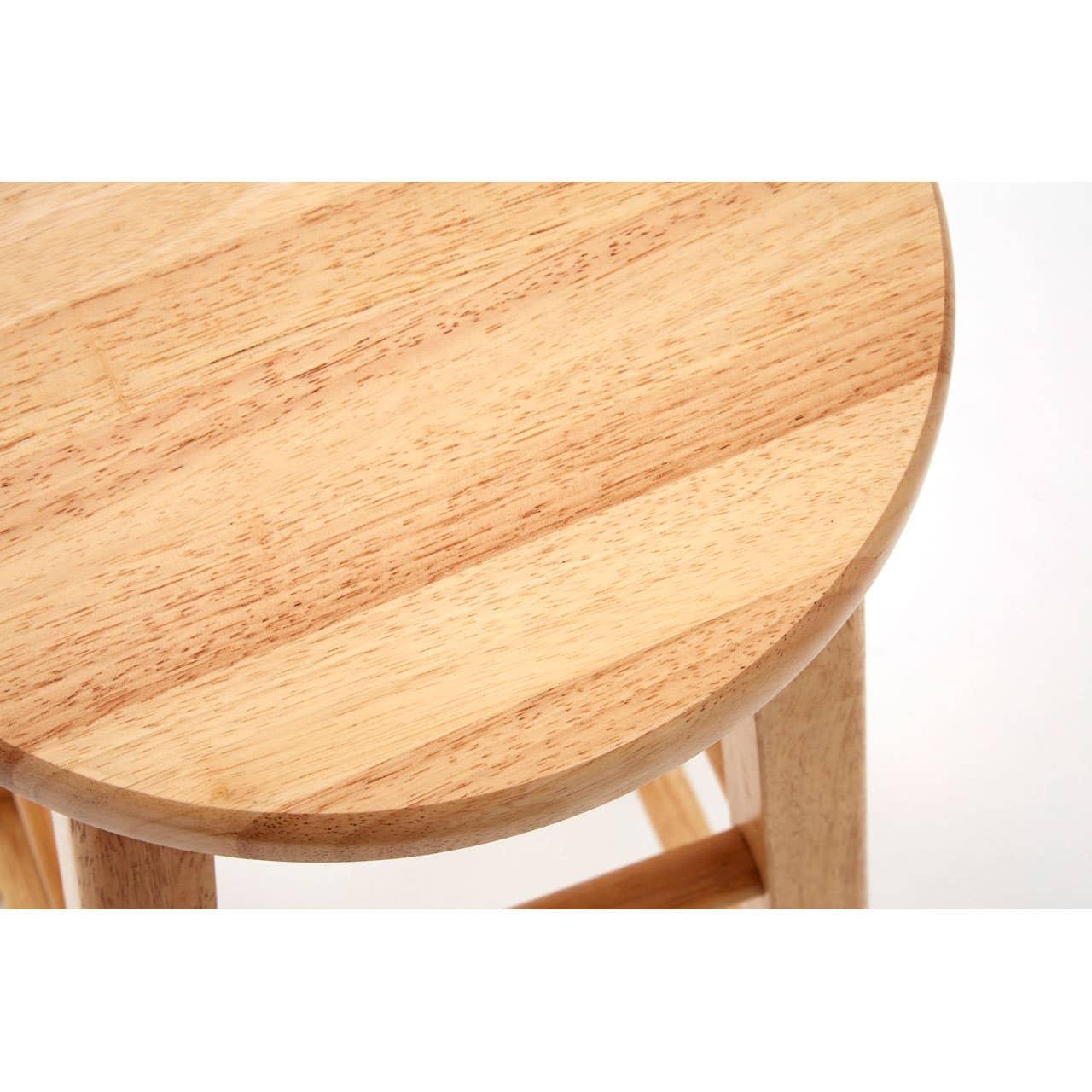 Closeup of round wooden stool seat with natural wood grain and visible legs
