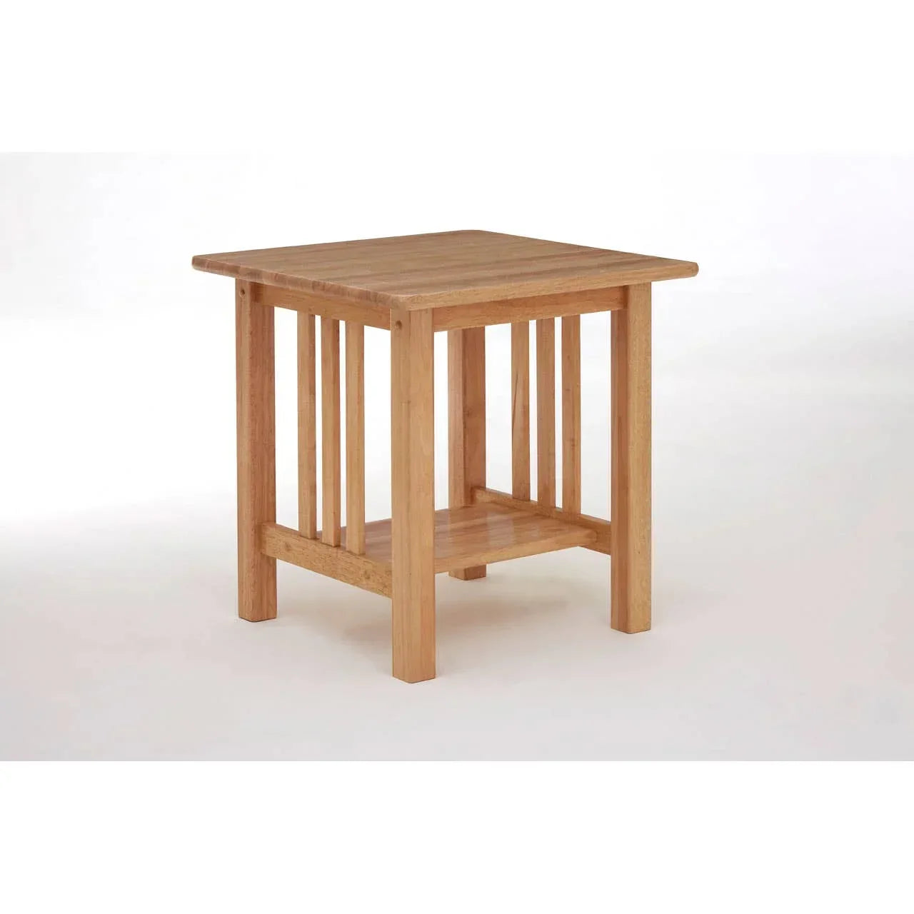 Oak side table with slatted sides and lower shelf on white background