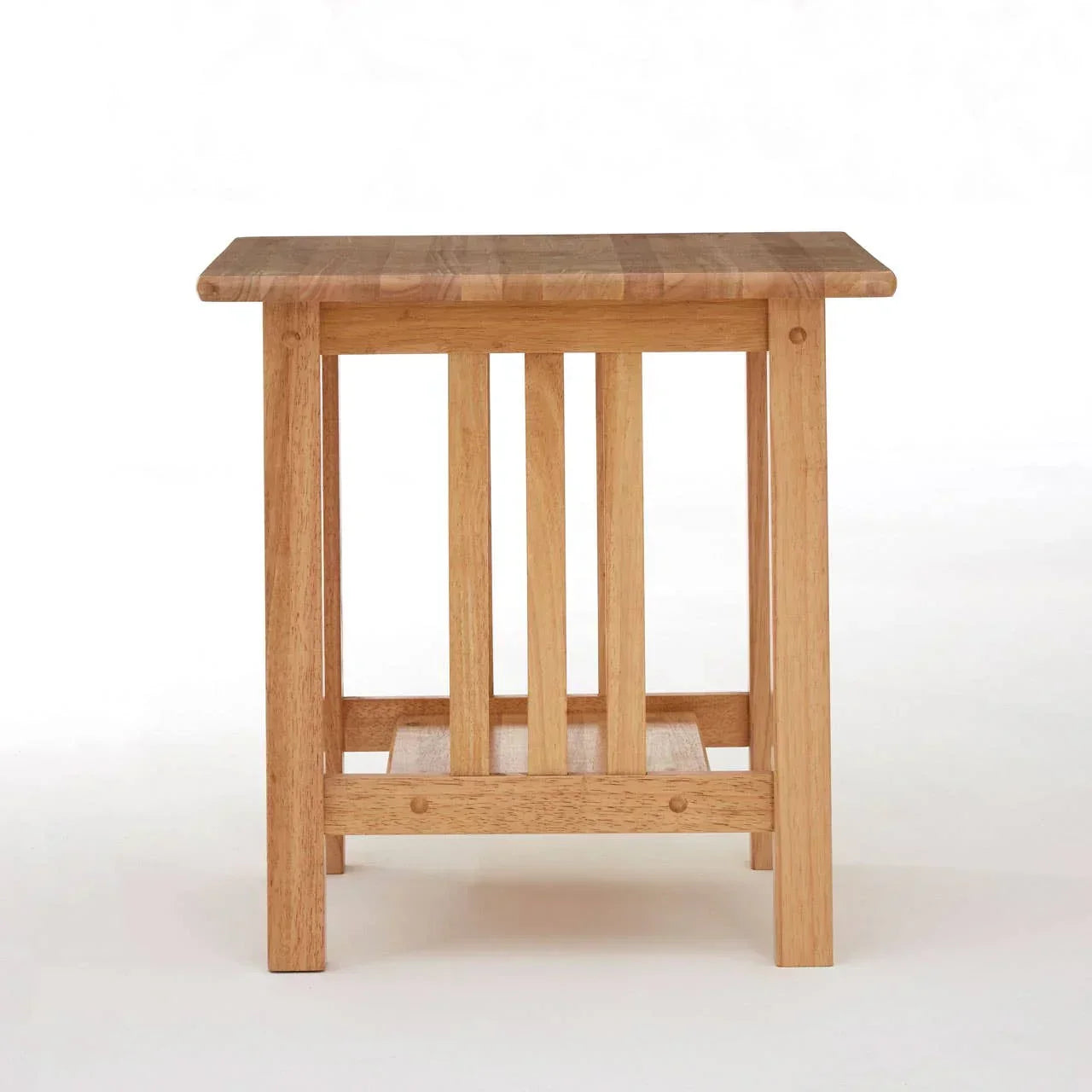 Oak wood side table with slatted sides and square top, photographed on white background