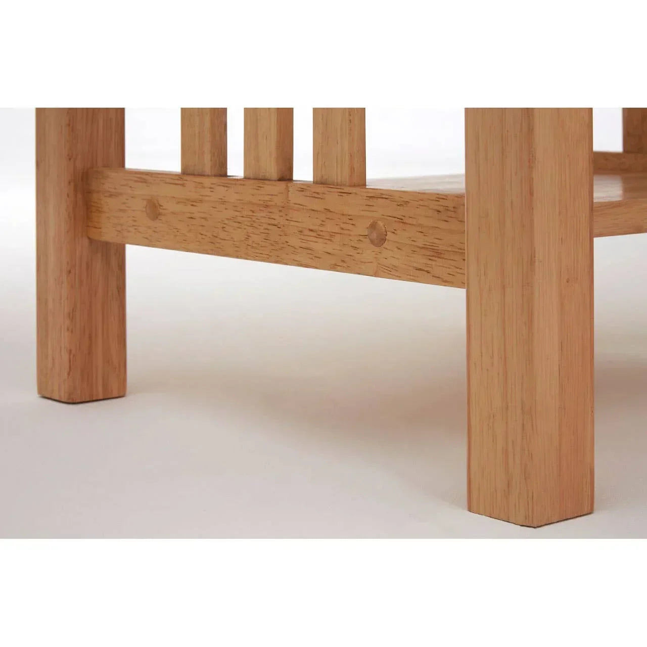 Solid oak bed frame leg corner with slatted detail and light wood finish