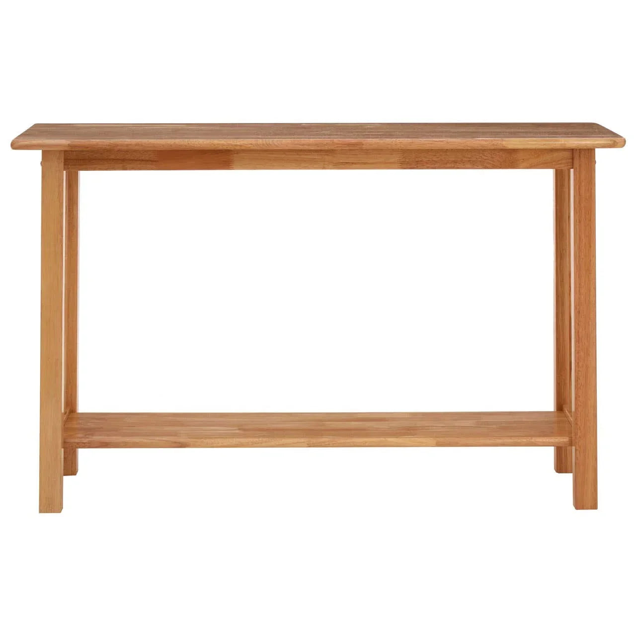 Light oak wood console table with lower shelf, straight legs and rectangular top
