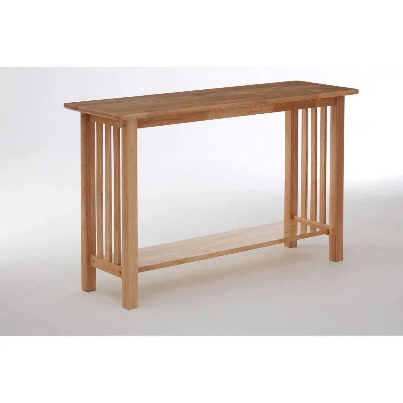 Oak console table with slatted sides and lower shelf on white background