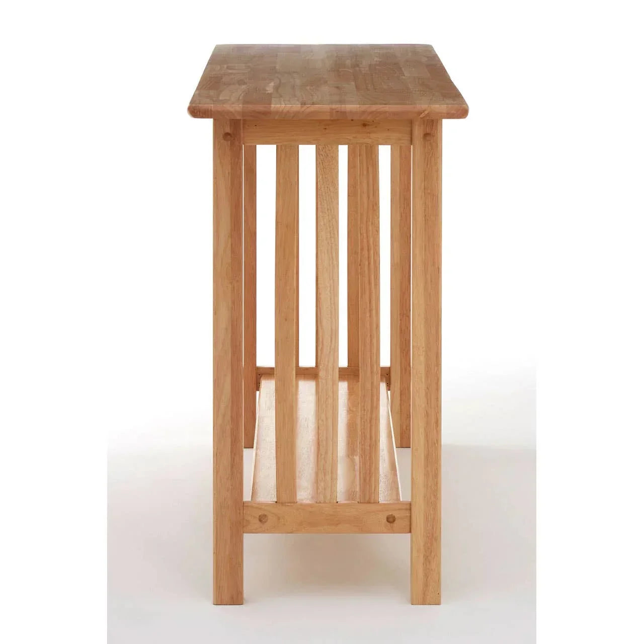 Side view of wooden console table with slatted sides and lower shelf