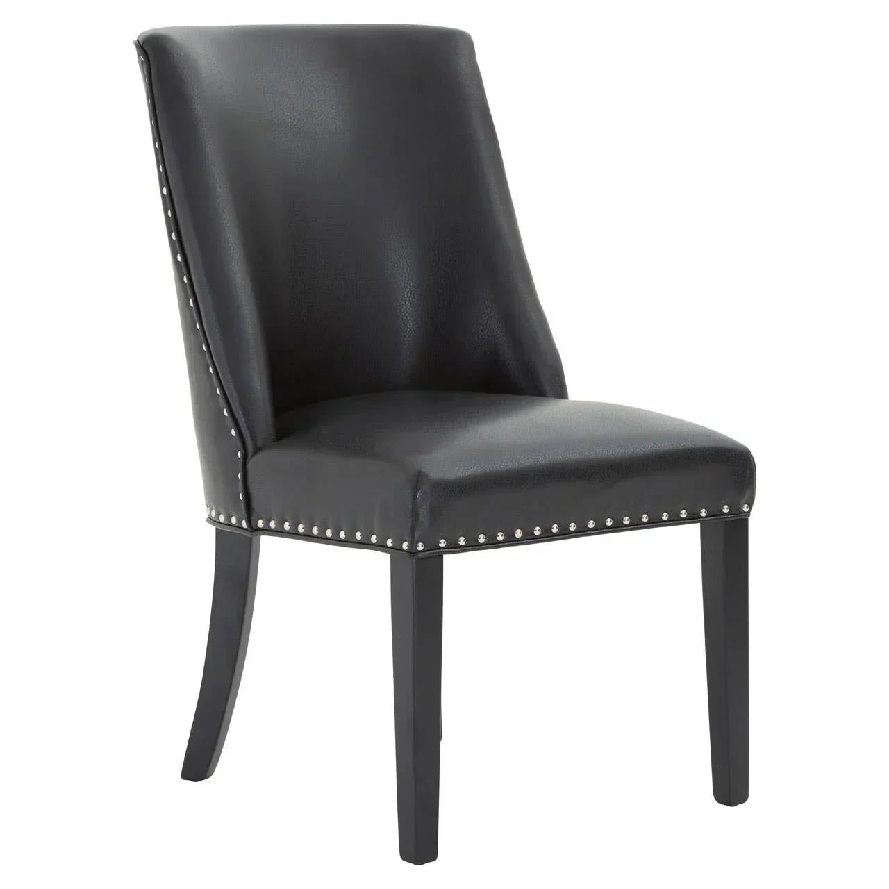 Black faux leather dining chair with silver stud detailing and solid black wooden legs
