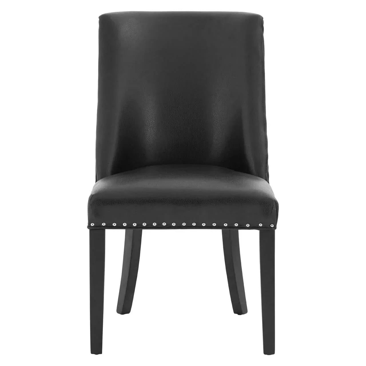 Black leather dining chair with studded trim and straight wooden legs, front view
