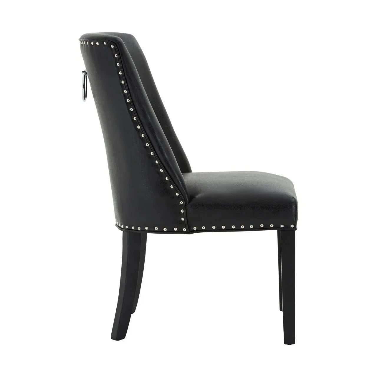 Black leather dining chair with silver studded trim and wooden legs, side profile view