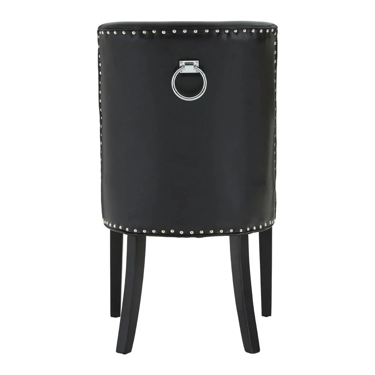 Black leather stool with studded trim, metal ring handle, and four wooden legs
