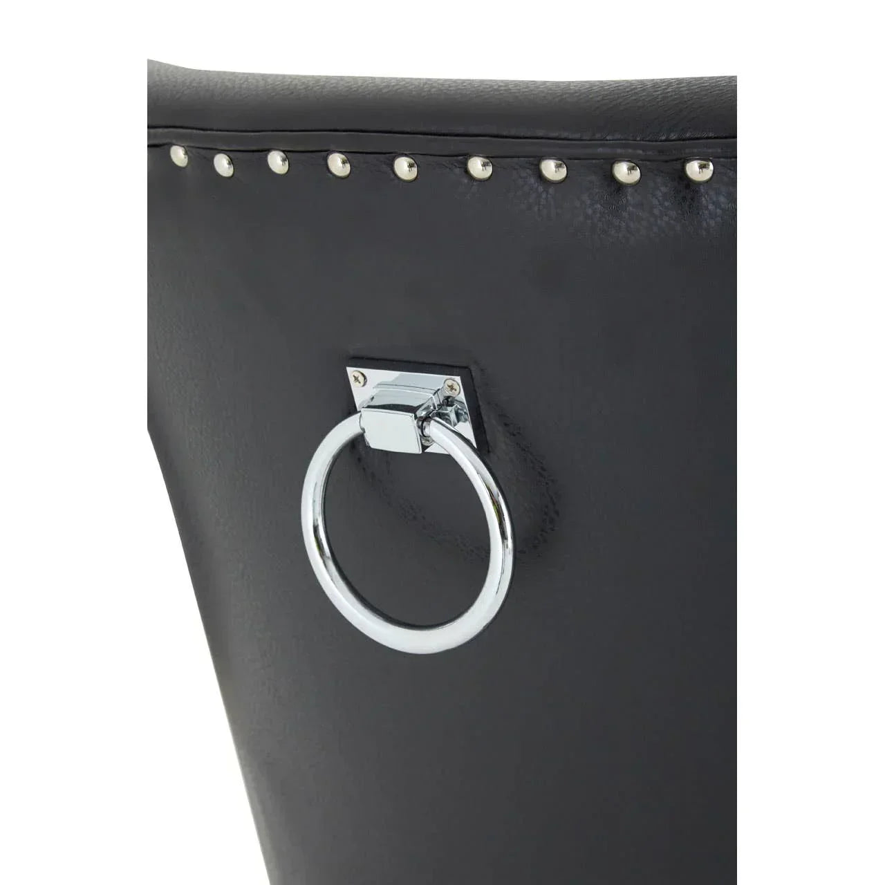 Black dining chair backrest with chrome ring handle and silver stud detail