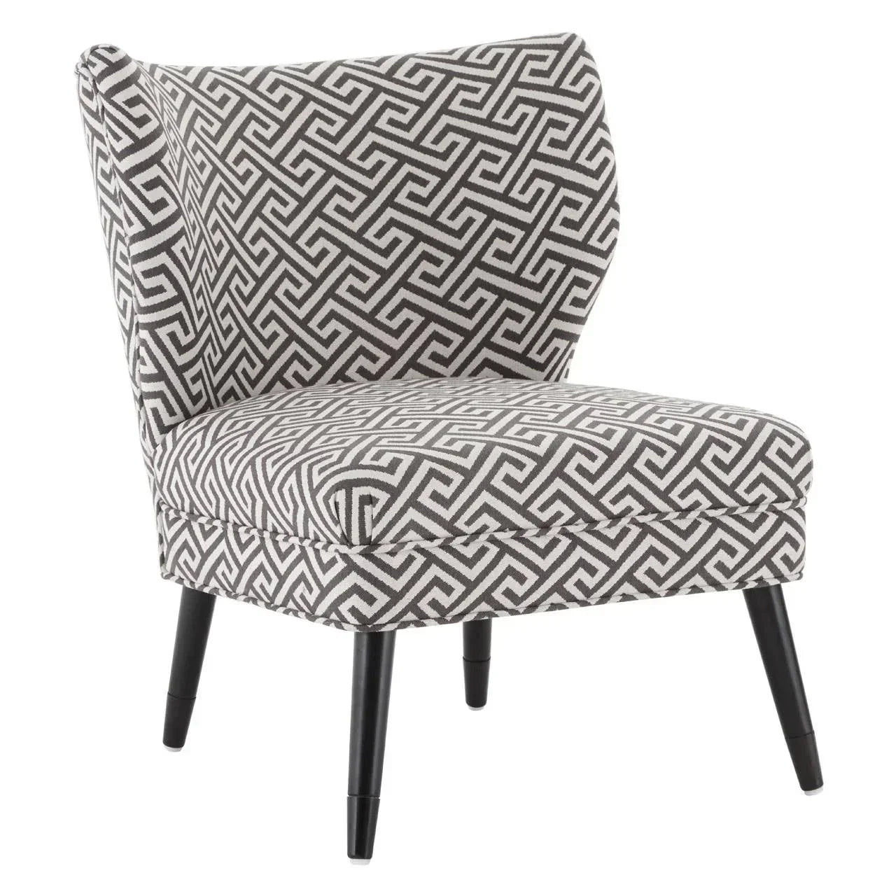 Patterned accent chair with black and white geometric upholstery and angled wooden legs