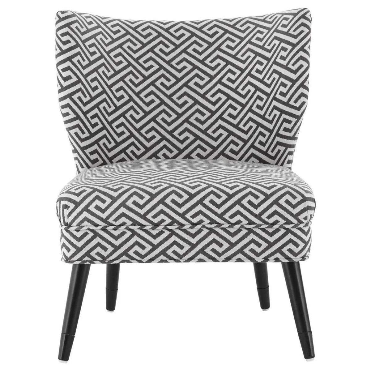 Grey accent chair with black geometric patterned upholstery and black wooden legs
