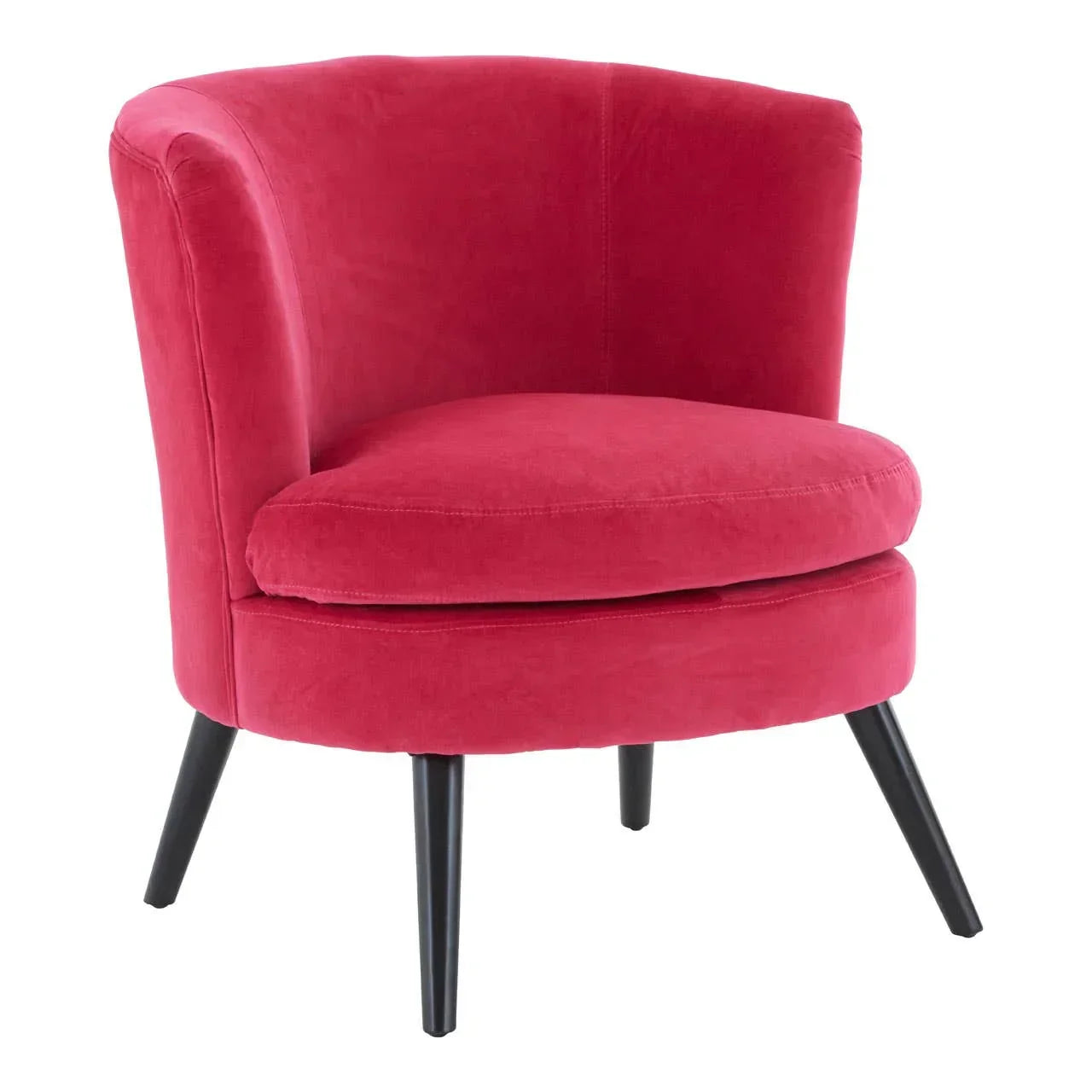 Red velvet accent chair with curved backrest and black tapered legs