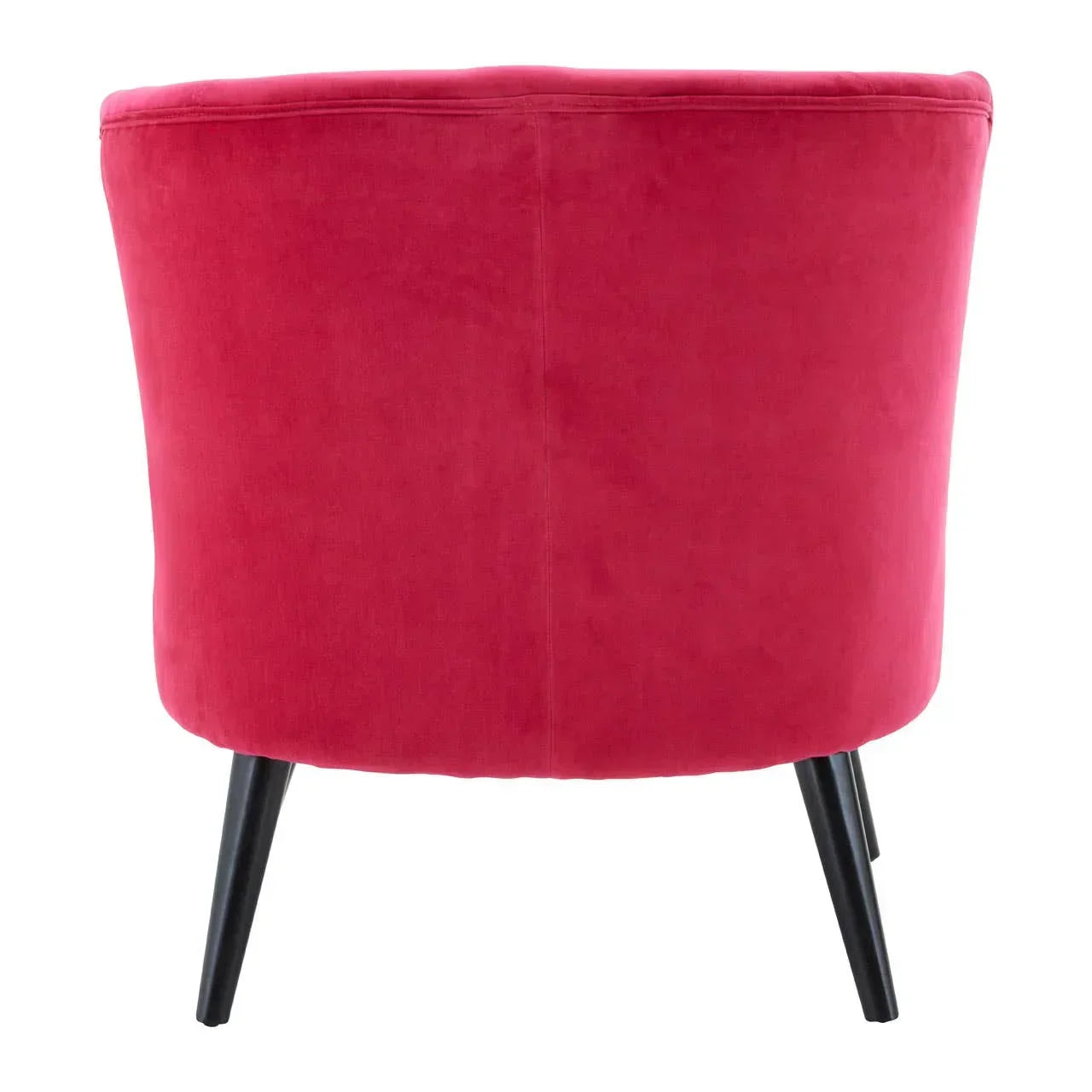 Back view of pink velvet accent chair with black tapered legs